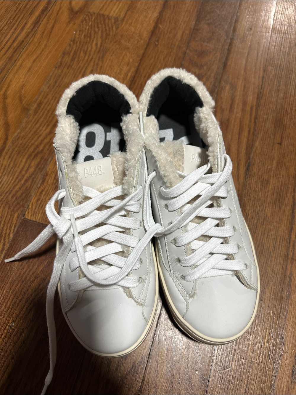 P448 White Leather Sneakers with Cream Shearling Collar